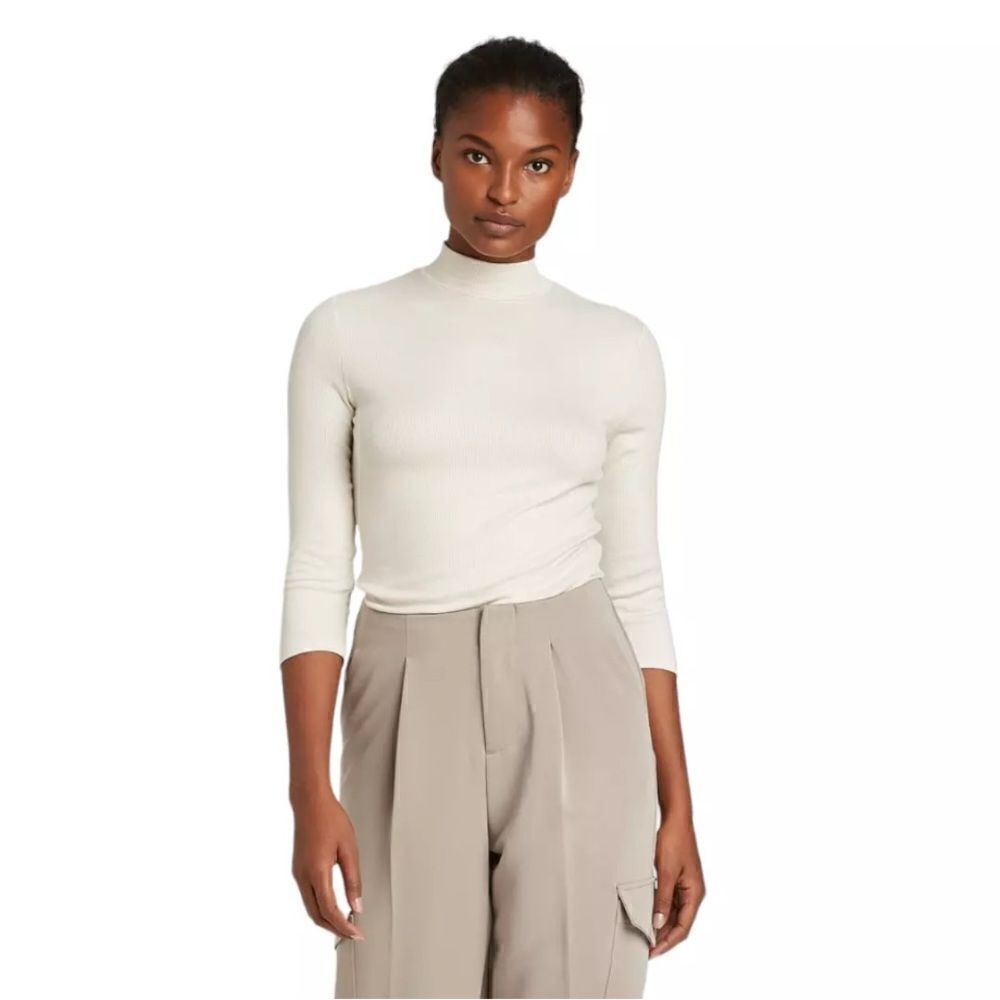 Prologue Womens Cream 3/4 Sleeve Mock Neck Pullover Soft Top Rayon size M